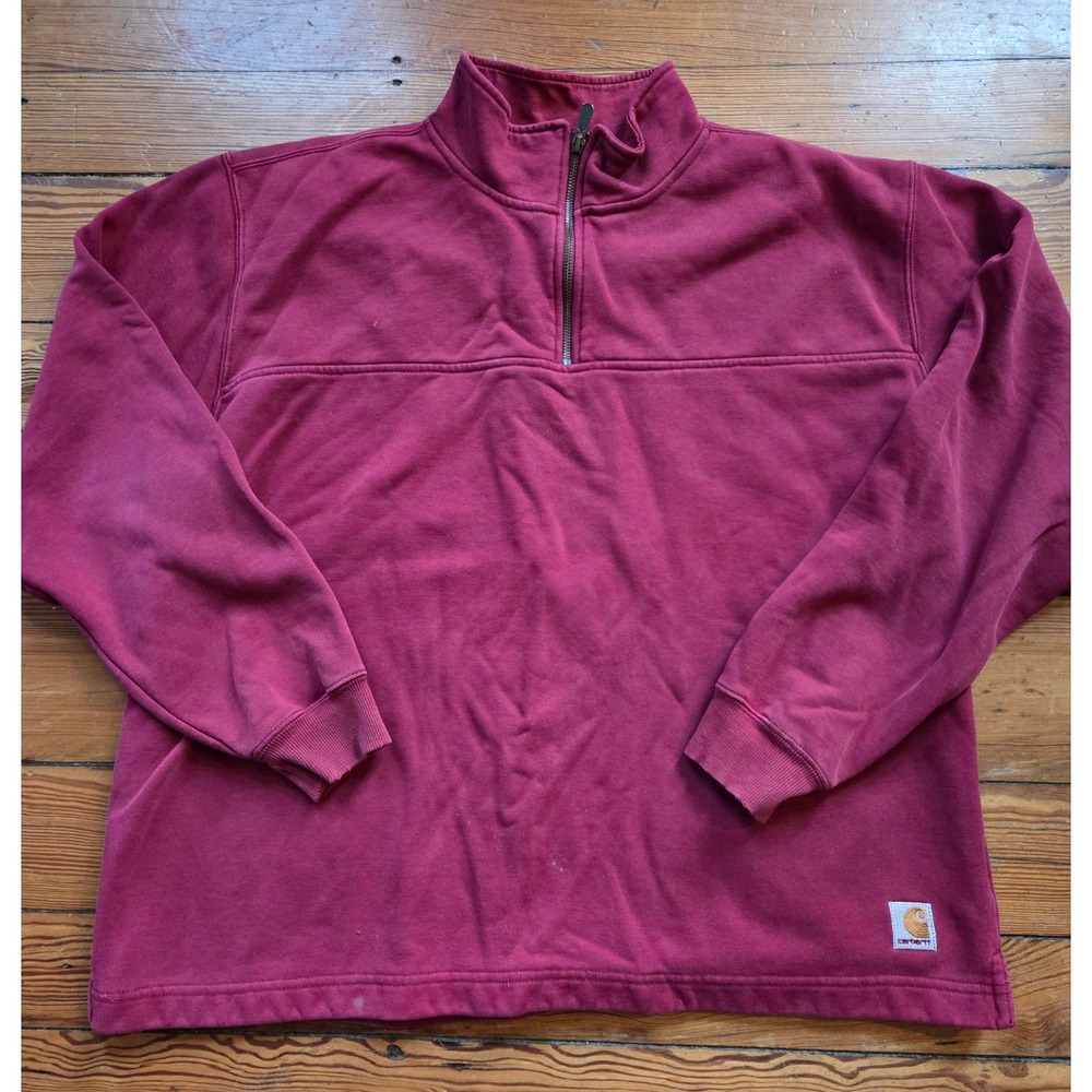 Carhartt Mens XL 3/4 Zip Sweatshirt Burgundy Pullover Distressed Work Mock